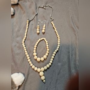 Antique Colored Carved Bone Bead Bracelet, Necklace And Earrings Set Handmade
